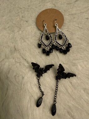 2 Pairs of Gothic Black Beaded Chandelier Earrings & Bat Dangle Earrings